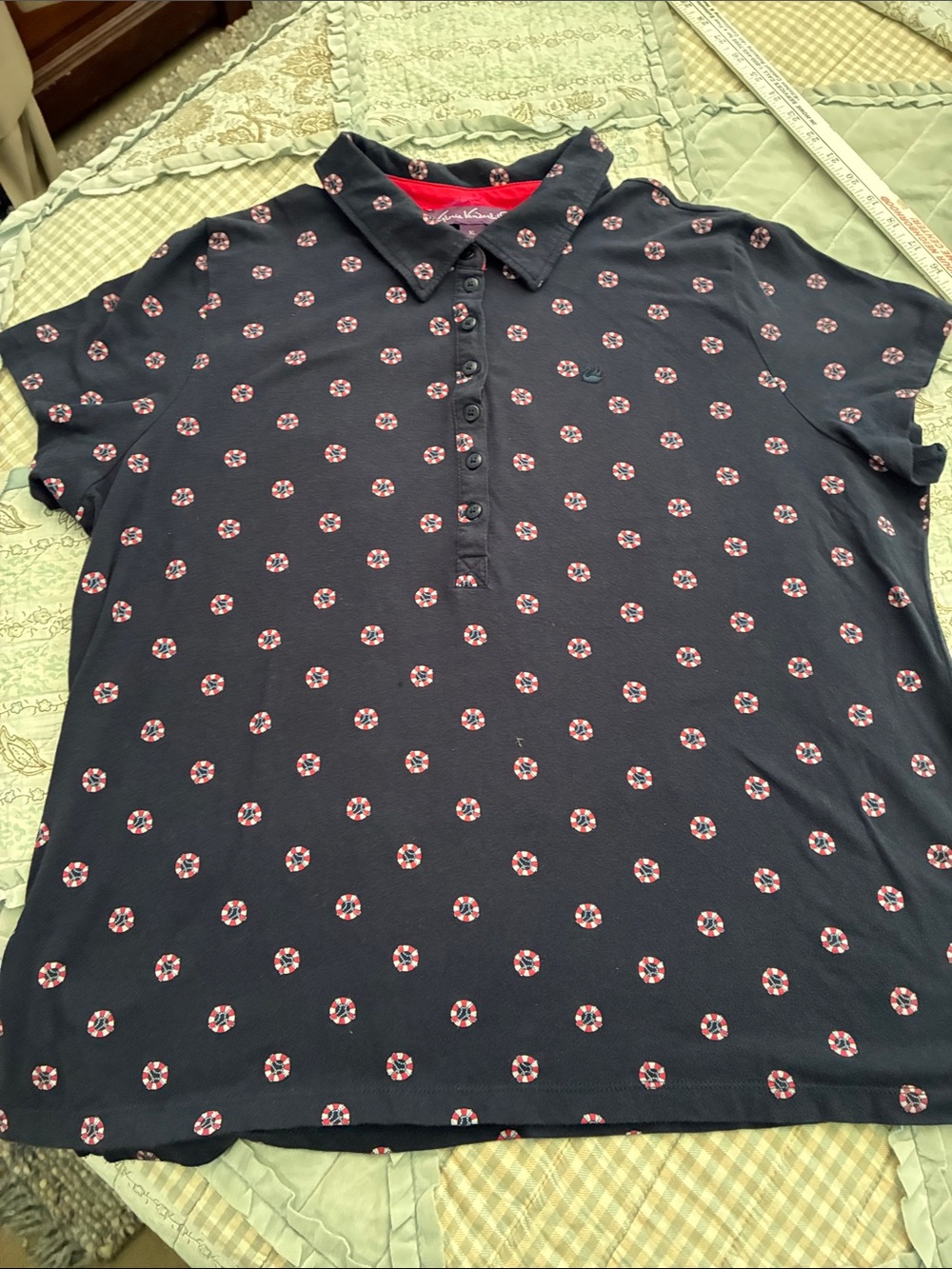Gloria Vanderbilt Navy Polo Top with Red & White Lifesaver Print